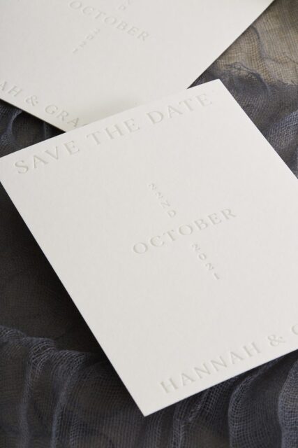 Paperlust invitation, Elegant blind embossed save the date cards on cream stock