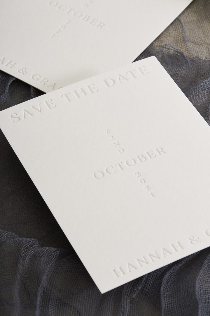 Paperlust invitation, Elegant blind embossed save the date cards on cream stock