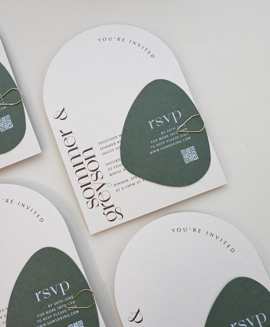 Paperlust invitation, Beautifully styled wedding invitation suite featuring arch-shaped cards with organic green RSVP inserts and gold paperclips. Clean