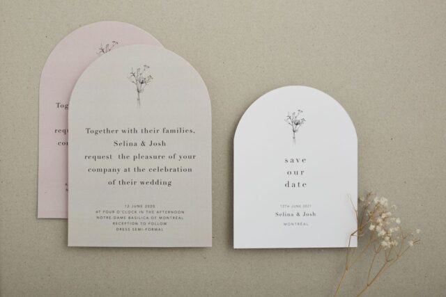 Paperlust invitation, Beautifully styled arch-shaped wedding invitation suite featuring a wedding invitation and save the date card with delicate botanical illustrations