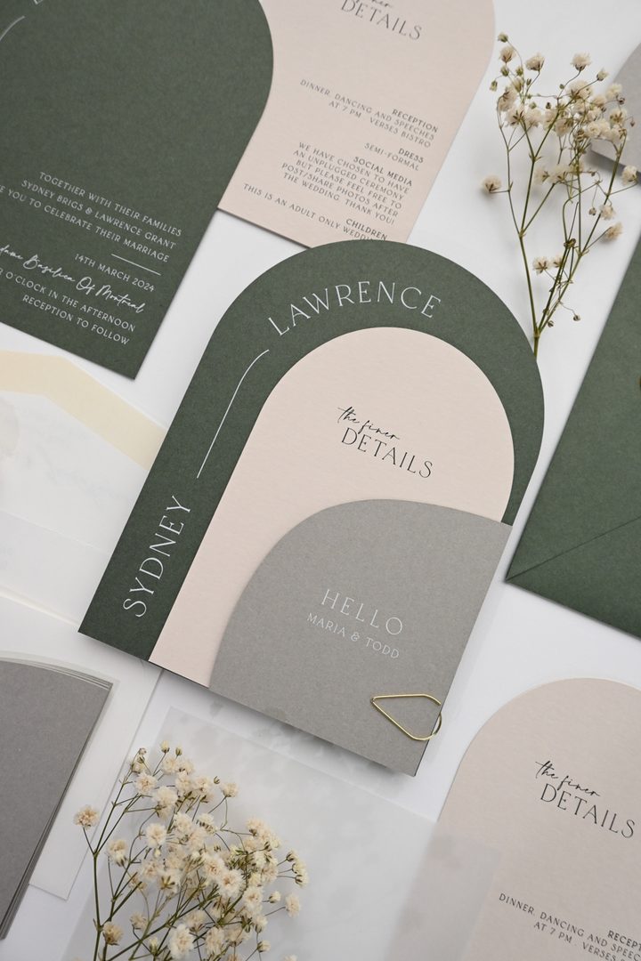 Paperlust invitation, Beautifully styled wedding stationery suite in sage green