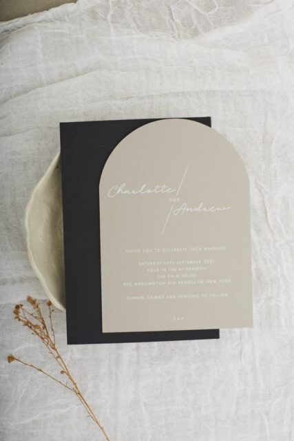 Paperlust invitation, Beautifully styled arch-shaped wedding invitation with modern minimalist design
