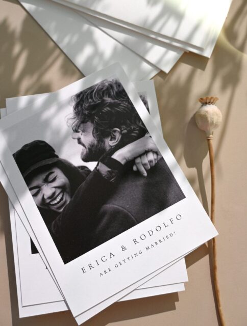Paperlust invitation, Beautifully styled save-the-date card with black and white photo of a couple