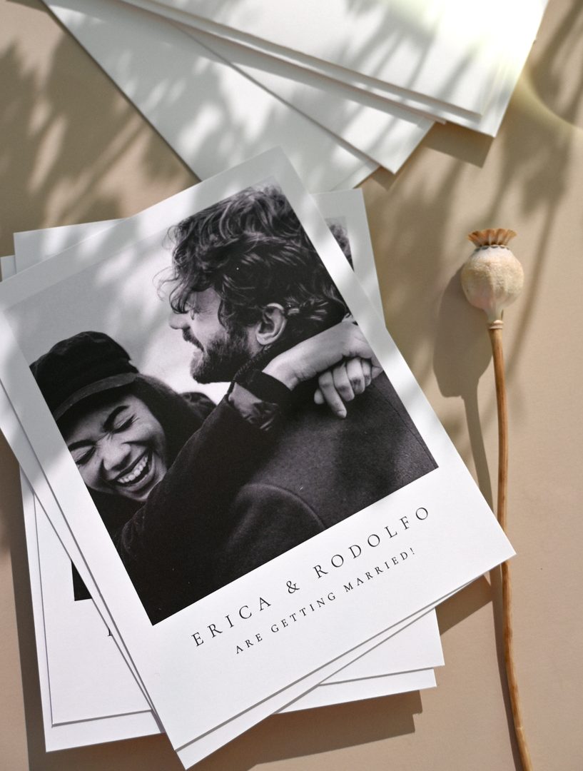 Paperlust invitation, Beautifully styled save-the-date card with black and white photo of a couple