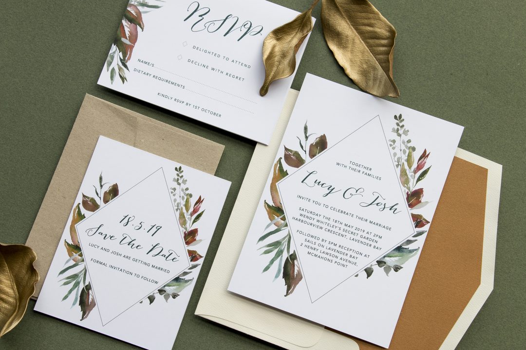 Paperlust invitation, Beautifully styled wedding suite flatlay featuring invitation