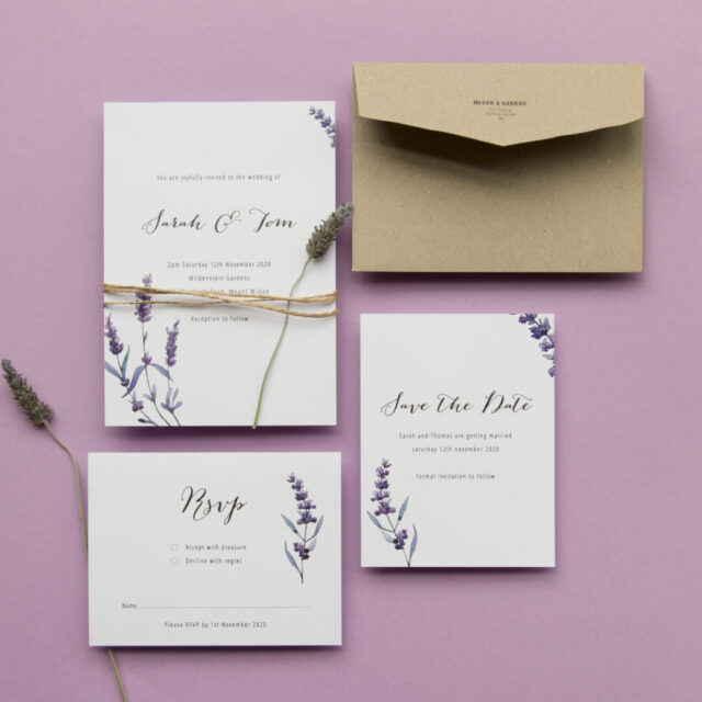 Paperlust Lavendula wedding invitation suite -- white invitation with lavender purple botanical illustration on a lavender background, kraft envelope, dried lavender sprigs, twine accent