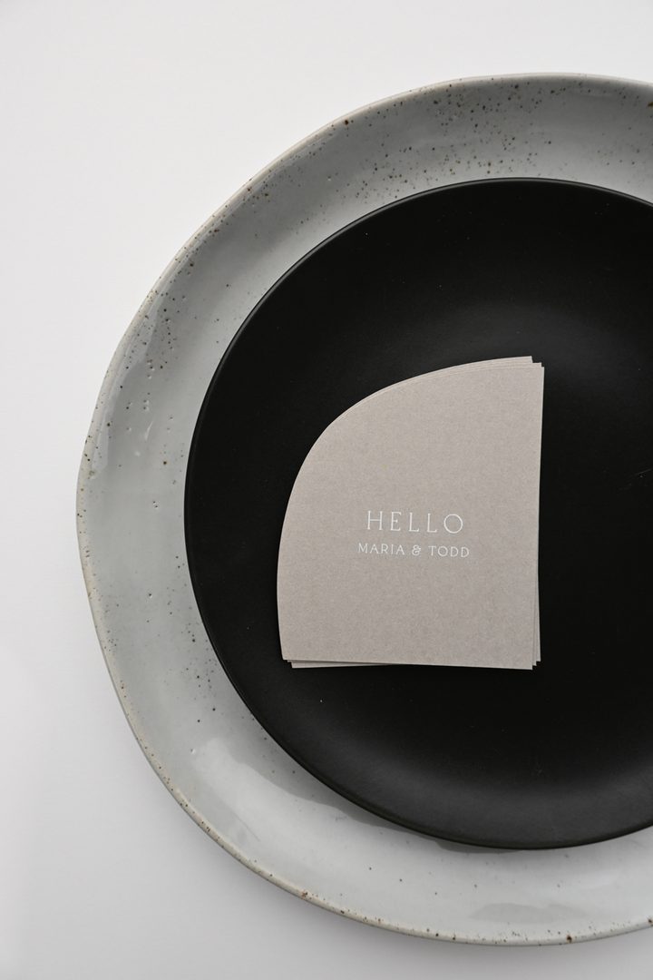 Paperlust place card, Beautifully styled minimalist place card with an architectural quarter-circle die-cut shape