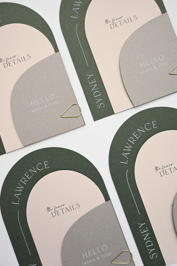 Paperlust rsvp, Beautifully styled arch-shaped wedding stationery suite in earthy green
