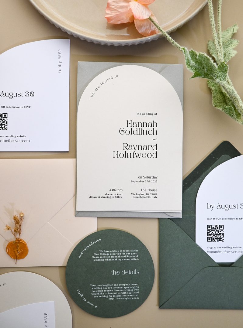 Paperlust rsvp, Beautifully styled wedding suite flatlay featuring arch-shaped invitation