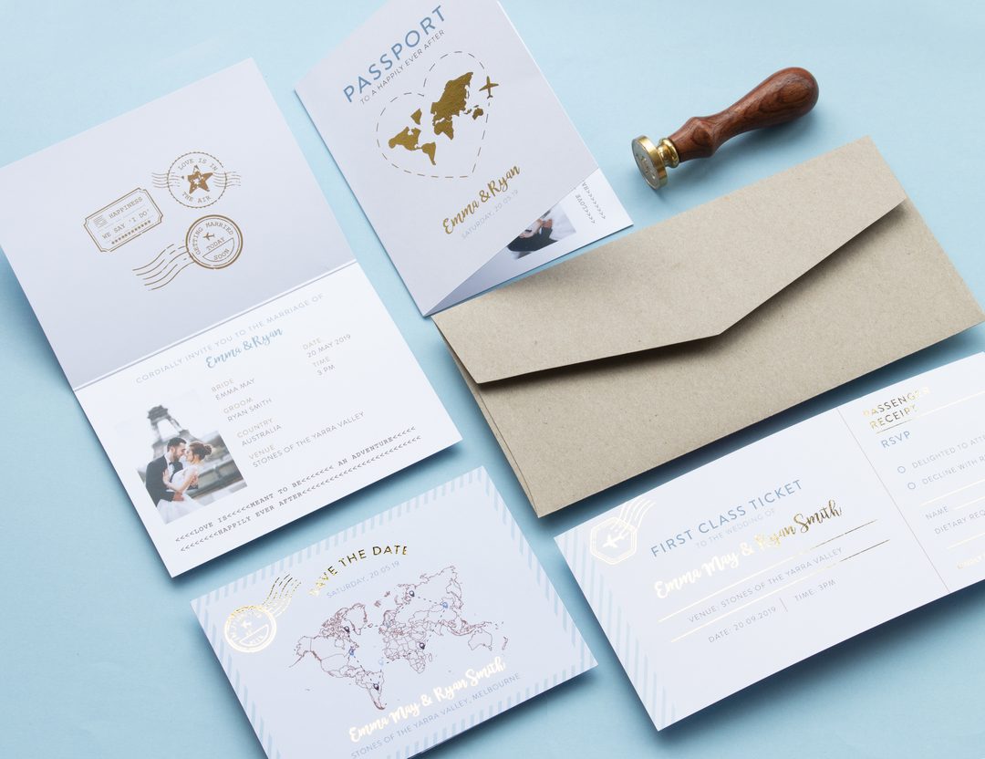 Paperlust rsvp, Beautifully styled travel-themed wedding stationery suite with passport and boarding pass design
