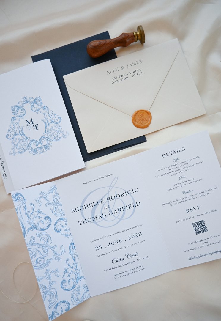 Paperlust rsvp, Baroque crest trifold wedding suite