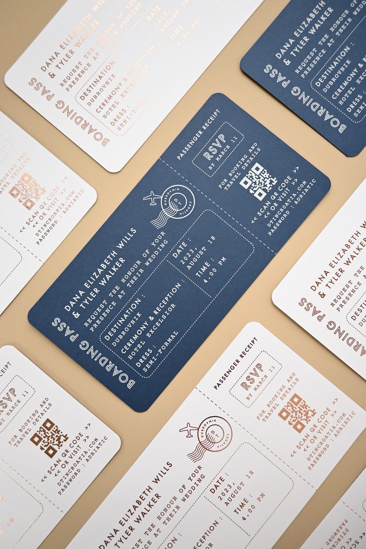 Paperlust rsvp, Beautifully styled boarding pass-themed wedding invitation suite in navy and white with gold foil lettering. Destination wedding concept for Dubrovnik with excellent flat lay composition and professional lighting.