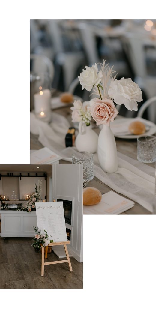 Paperlust seating chart, Collage of two wedding venue photos showing a beautifully styled reception table with white and blush roses in ceramic vases