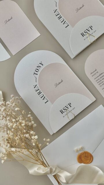 Paperlust rsvp, Beautifully styled arch-shaped wedding suite for Lauren and Tony featuring layered pieces with soft blush tones