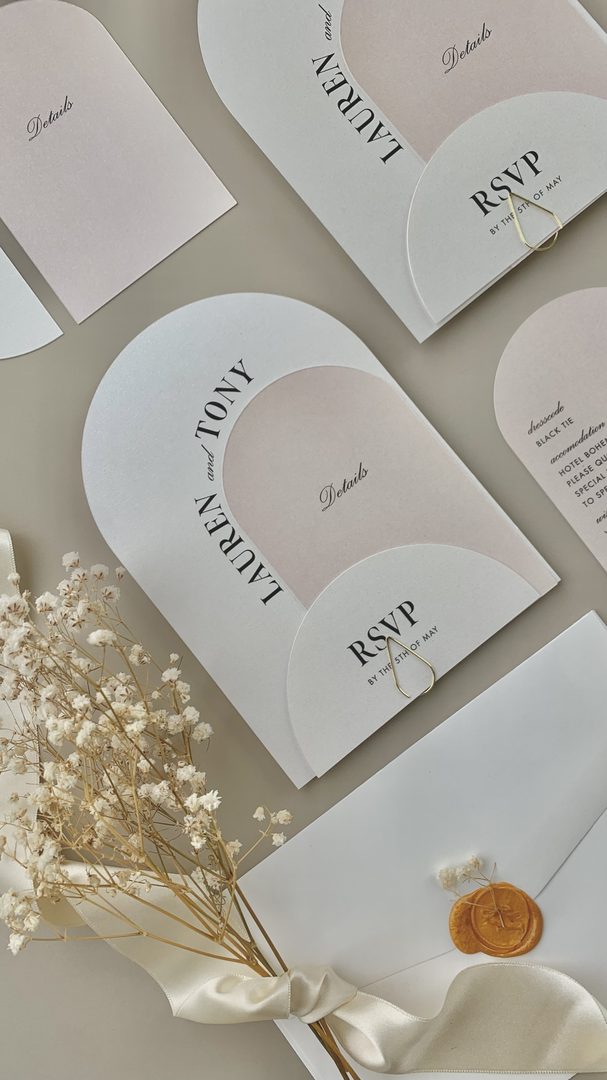 Paperlust rsvp, Beautifully styled arch-shaped wedding suite for Lauren and Tony featuring layered pieces with soft blush tones