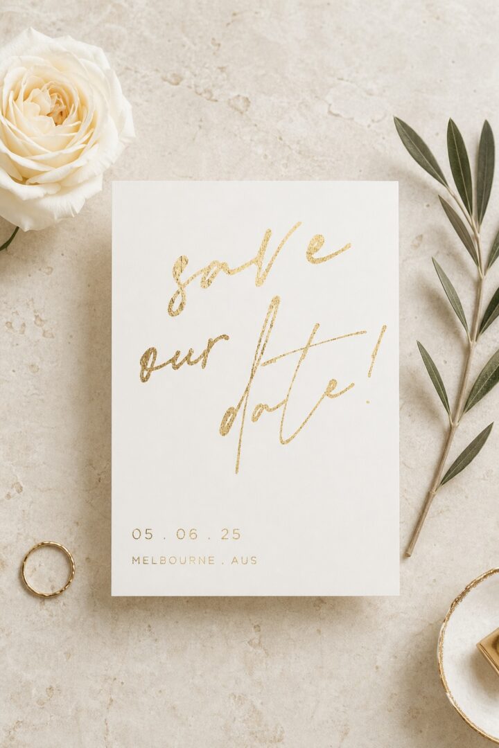 Paperlust gold foil save the date card with hand-lettered script reading save our date on a soft cream background
