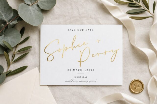 Paperlust gold foil save the date card reading save our date with the names Sophie and Perry in gold script, landscape flat lay on linen with eucalyptus styling