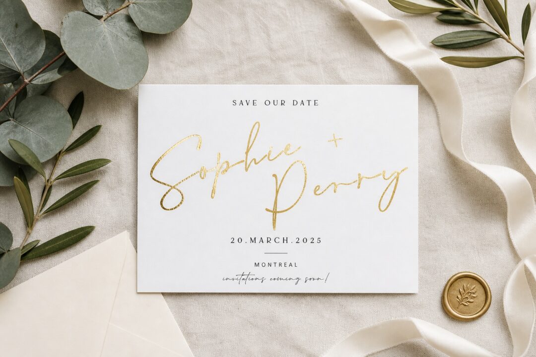 Paperlust gold foil save the date card reading save our date with the names Sophie and Perry in gold script, landscape flat lay on linen with eucalyptus styling