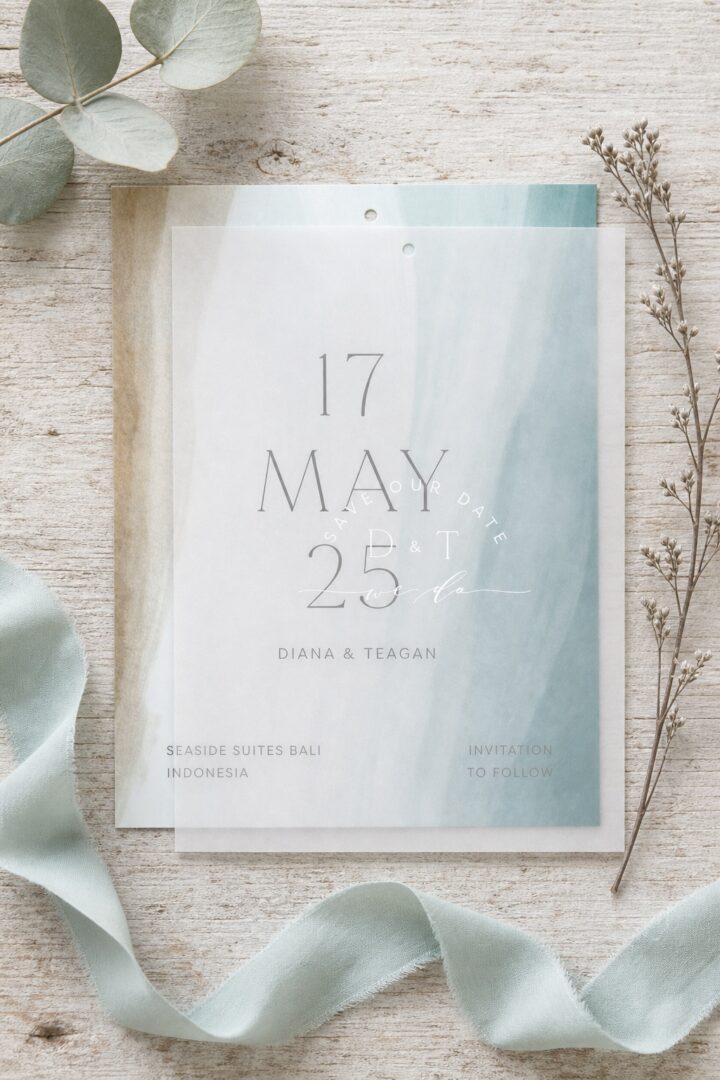 Paperlust coastal destination save the date card with a translucent vellum overlay reading Diana and Teagan, flat lay on weathered driftwood with aqua sea glass and natural textures