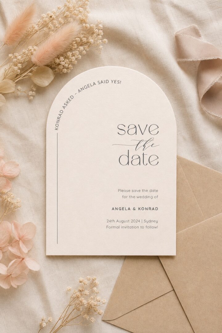 Paperlust modern arch save the date card with clean minimalist save the date lettering, flat lay on cream linen with soft blush styling