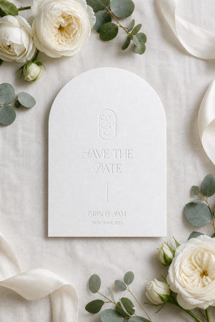 Paperlust blind letterpress save the date card with a tone on tone debossed arch design, flat lay on white linen with delicate roses