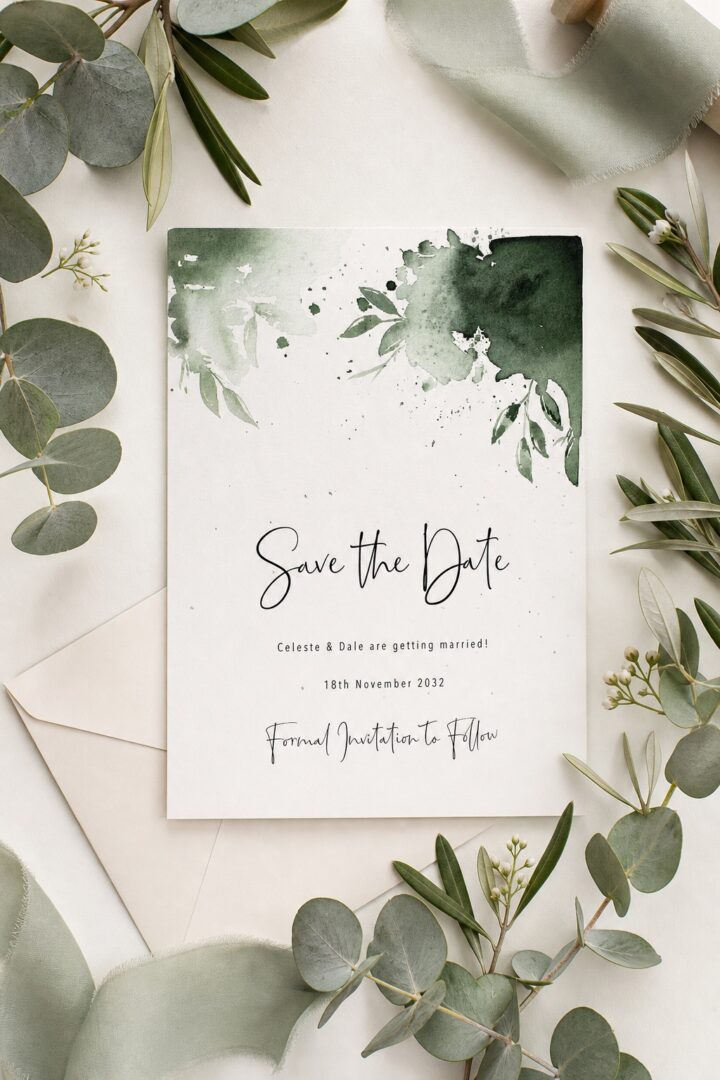 Paperlust green watercolor save the date card with botanical greenery and a modern calligraphy save the date heading