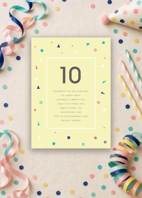 Modern 10th birthday invitation with a bold number 10 and confetti