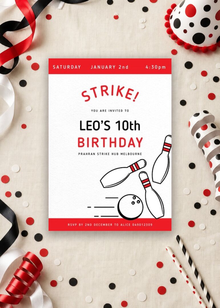 Bowling 10th birthday invitation, Strike party design