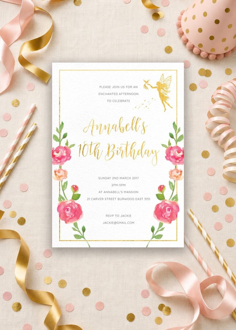 Enchanted foil-stamp 10th birthday invitation with gold lettering