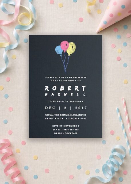 Chalk Balloons 2nd birthday invitation with hand-drawn balloons on navy