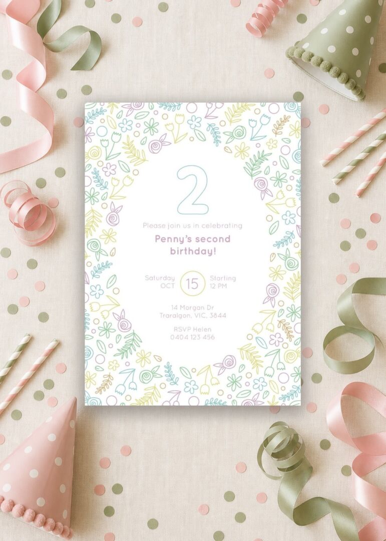 Wild One botanical 2nd birthday invitation in floral greenery