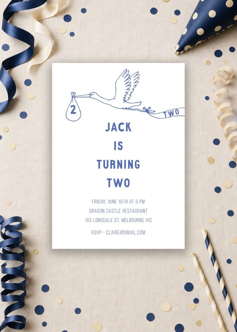 Here Comes the Stork 2nd birthday invitation reading Turning Two