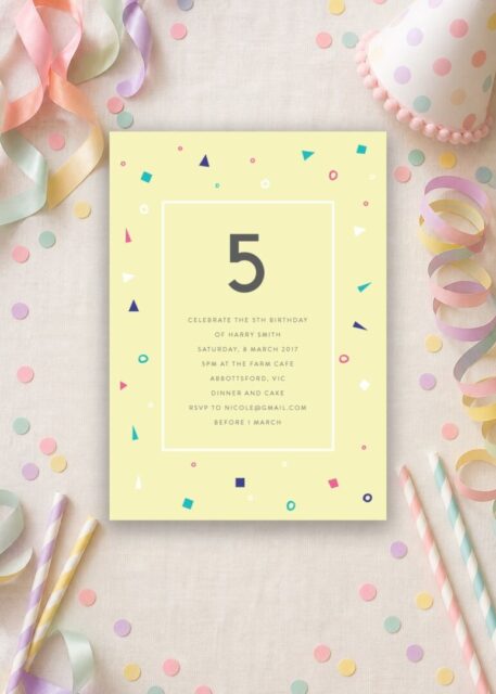 Pastel Neon Disco 5th birthday invitation with confetti and a bold 5