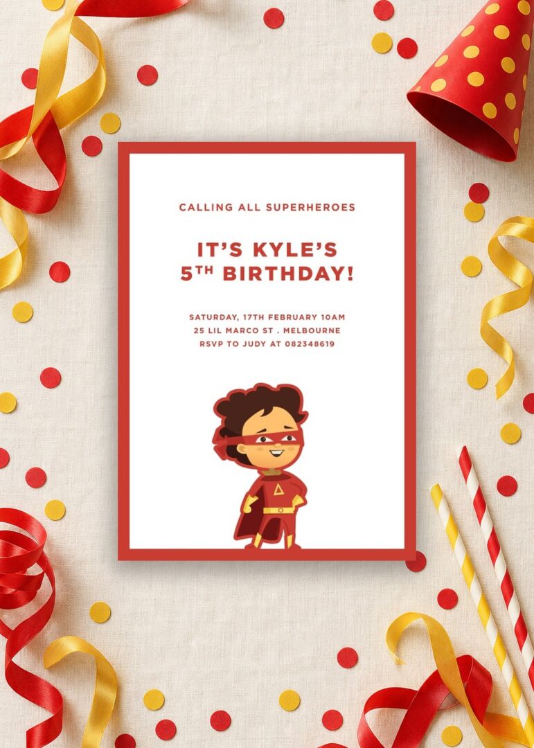 Superhero 5th birthday invitation, Calling All Superheroes design
