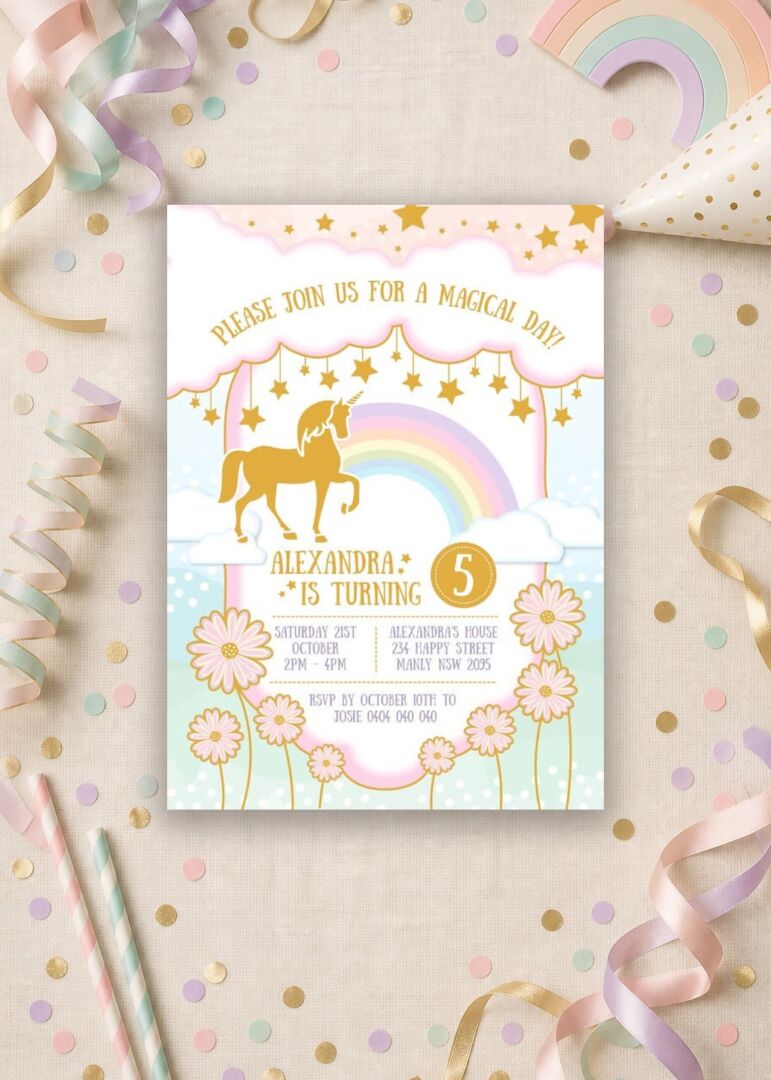 Magical Unicorn 5th birthday invitation with gold metallic finish