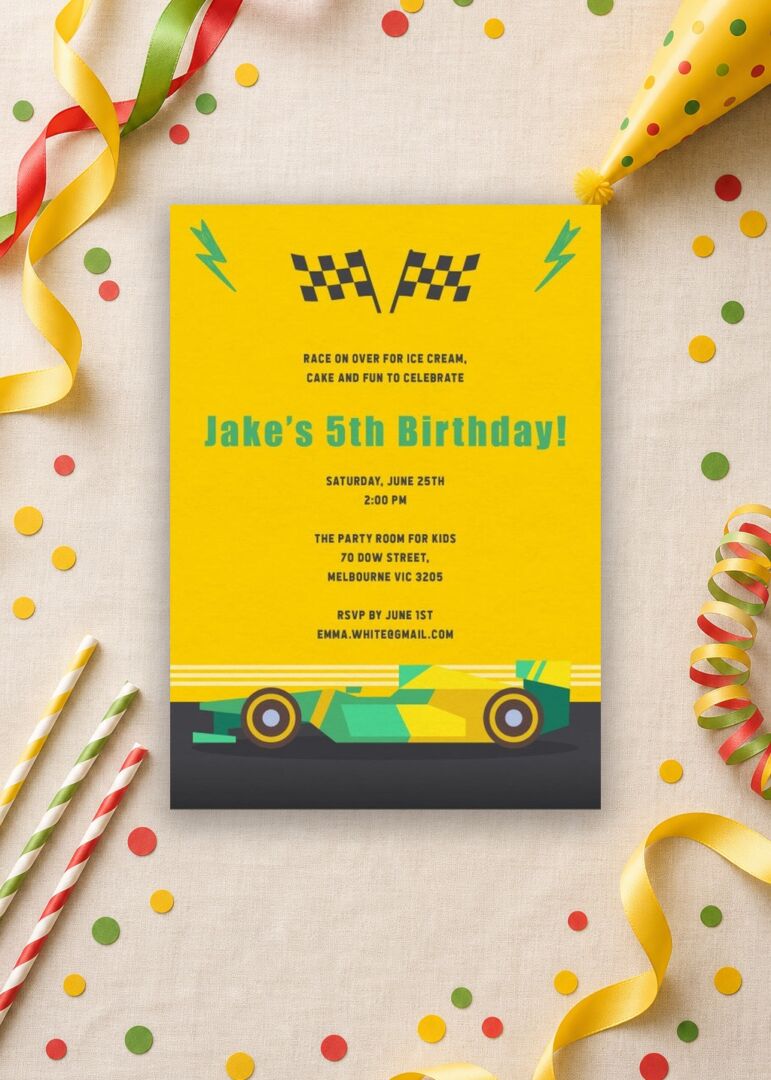 Race car 5th birthday invitation in bright colors