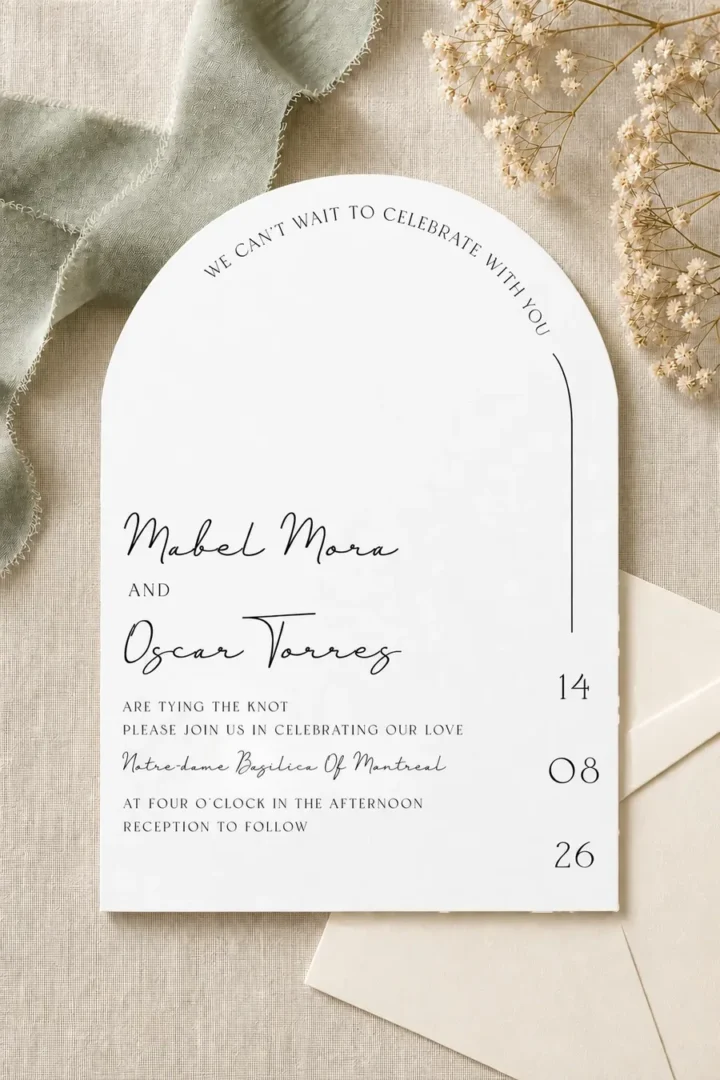 Paperlust Ivory arch die-cut wedding invitation with arched celebrate-with-you lettering, script names and a stacked date