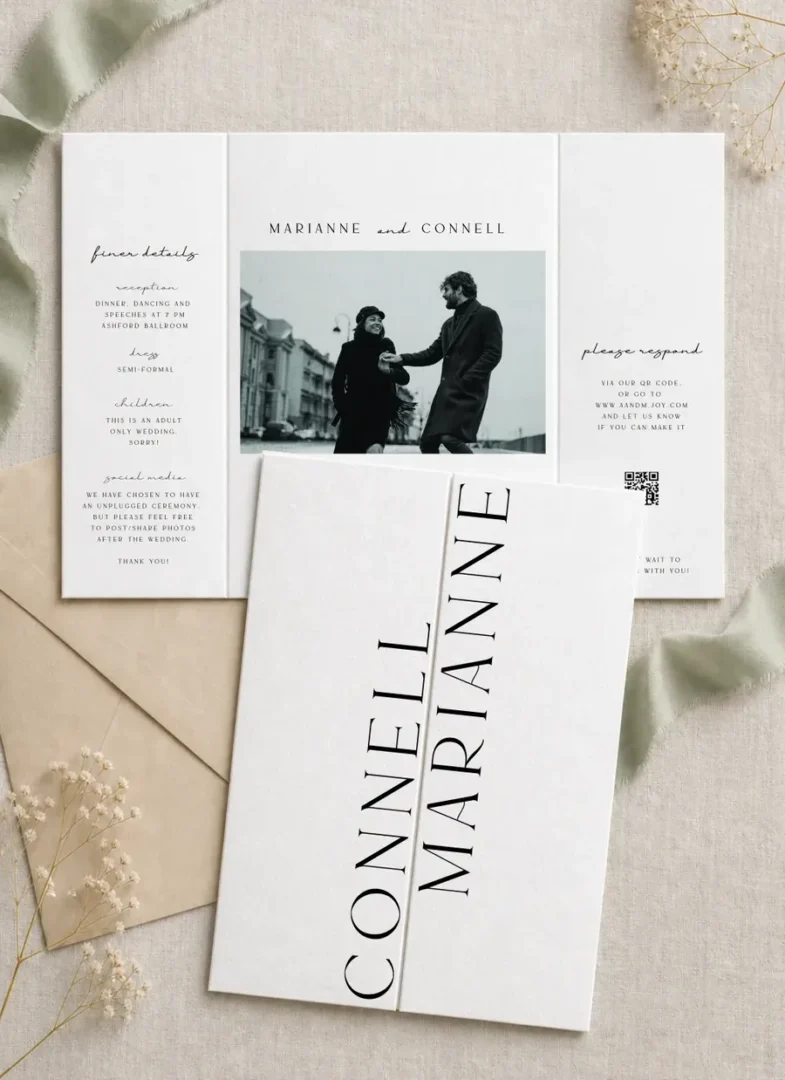 Paperlust Byron gatefold photo wedding invitation, black and white couple photo inside a white gatefold with vertical serif names on the cover