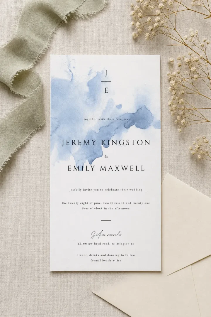 Paperlust Ocean wedding invitation, blue watercolor wash with a stacked monogram, serif couple names and a Wilmington North Carolina venue line
