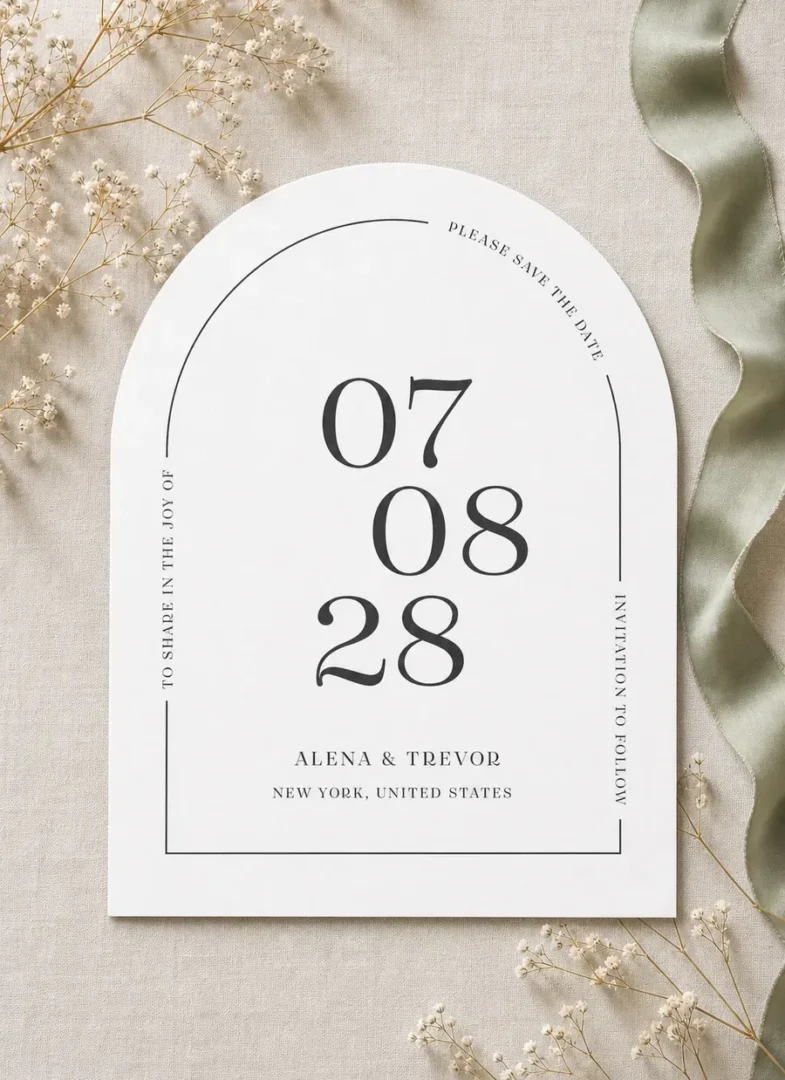 Paperlust All Minimal save the date, arch card with an oversized stacked date, couple names and New York United States venue line