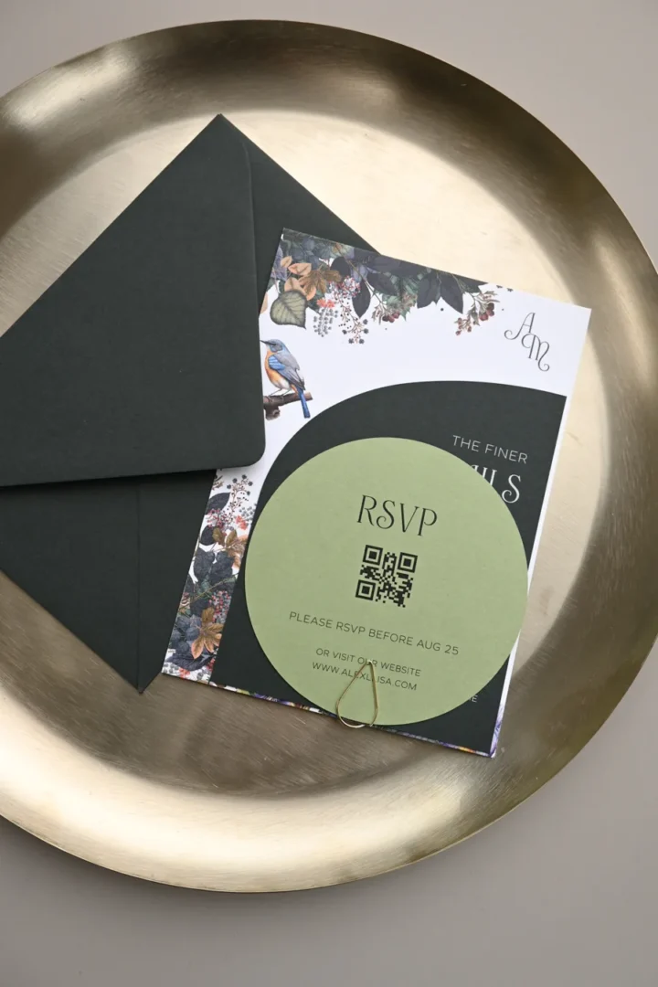 Paperlust Tropicana Grove RSVP, a round sage green card with QR code clipped to a botanical details card with dark green envelope