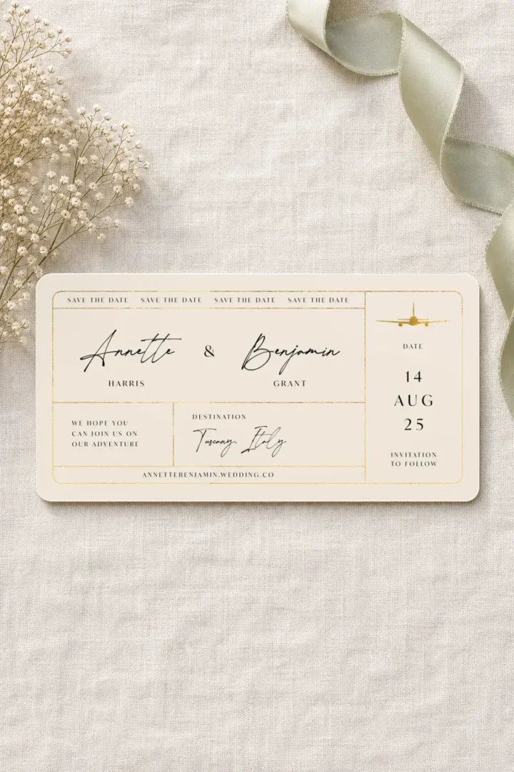 Paperlust Handwritten Ticket save the date in gold foil, ticket layout with a destination line reading Tuscany, Italy