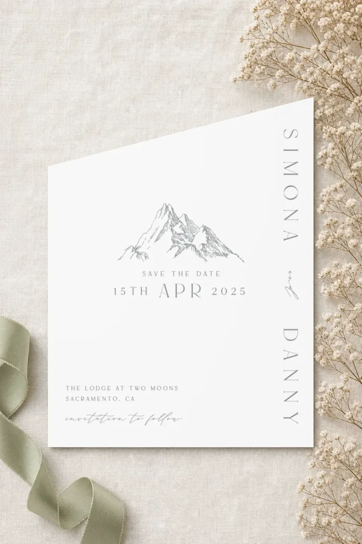 Paperlust The Summit save the date, hand-sketched mountain with the couple names down the side and a lodge venue line for Sacramento, California