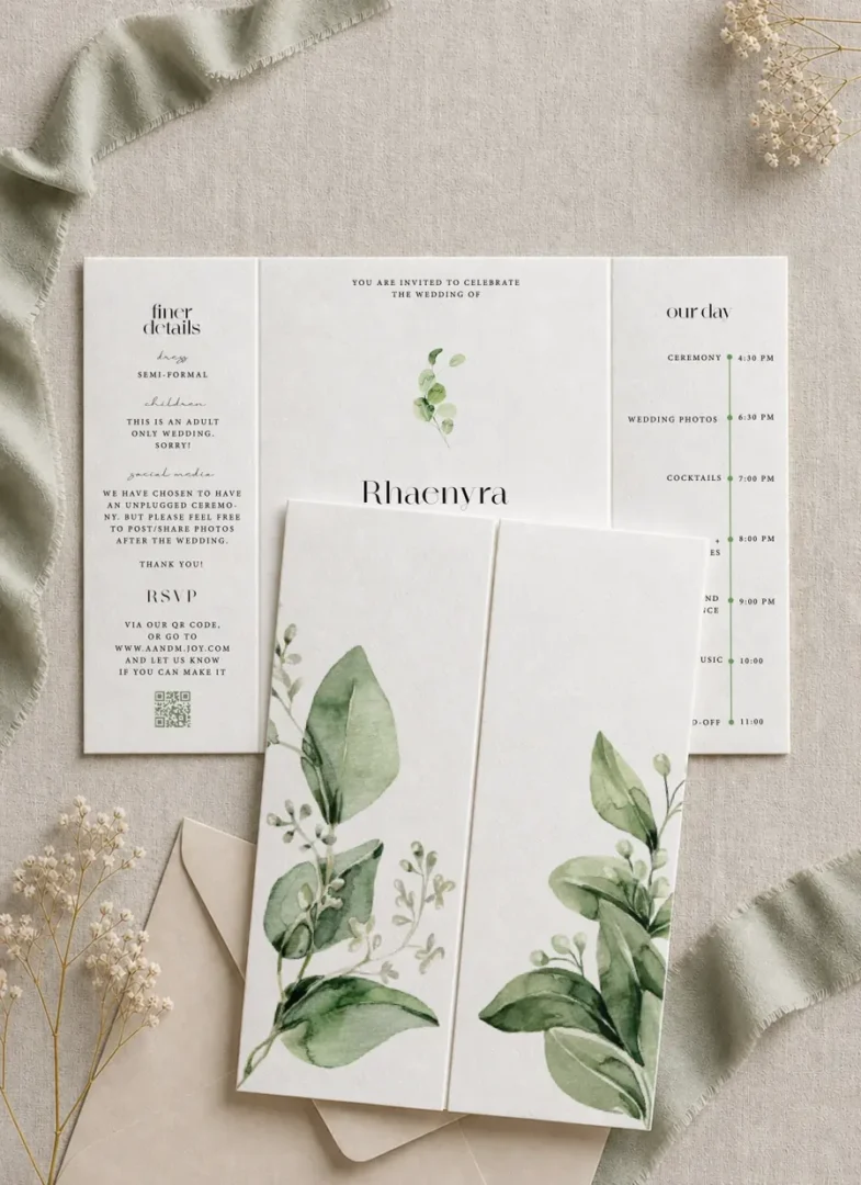Paperlust Eden gatefold wedding invitation, watercolor greenery cover opening to an our-day timeline and finer details panel