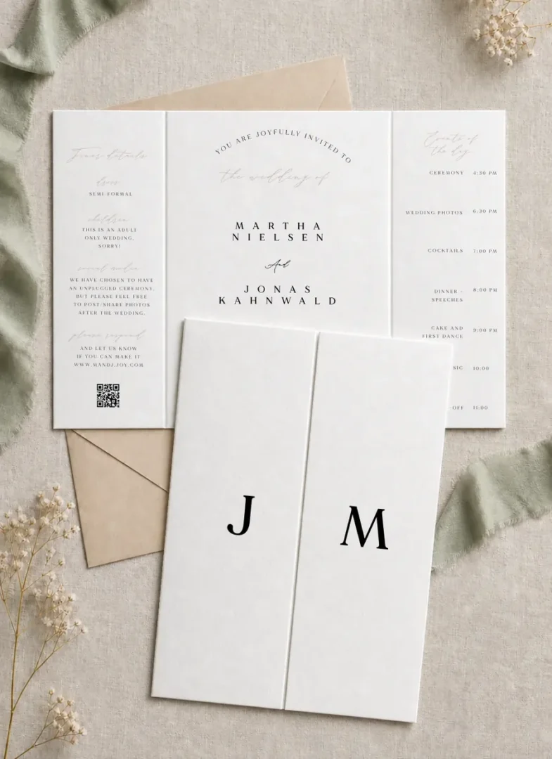 Paperlust Rose Dawn gatefold wedding invitation, ivory cover with two serif initials opening to an events-of-the-day timeline panel