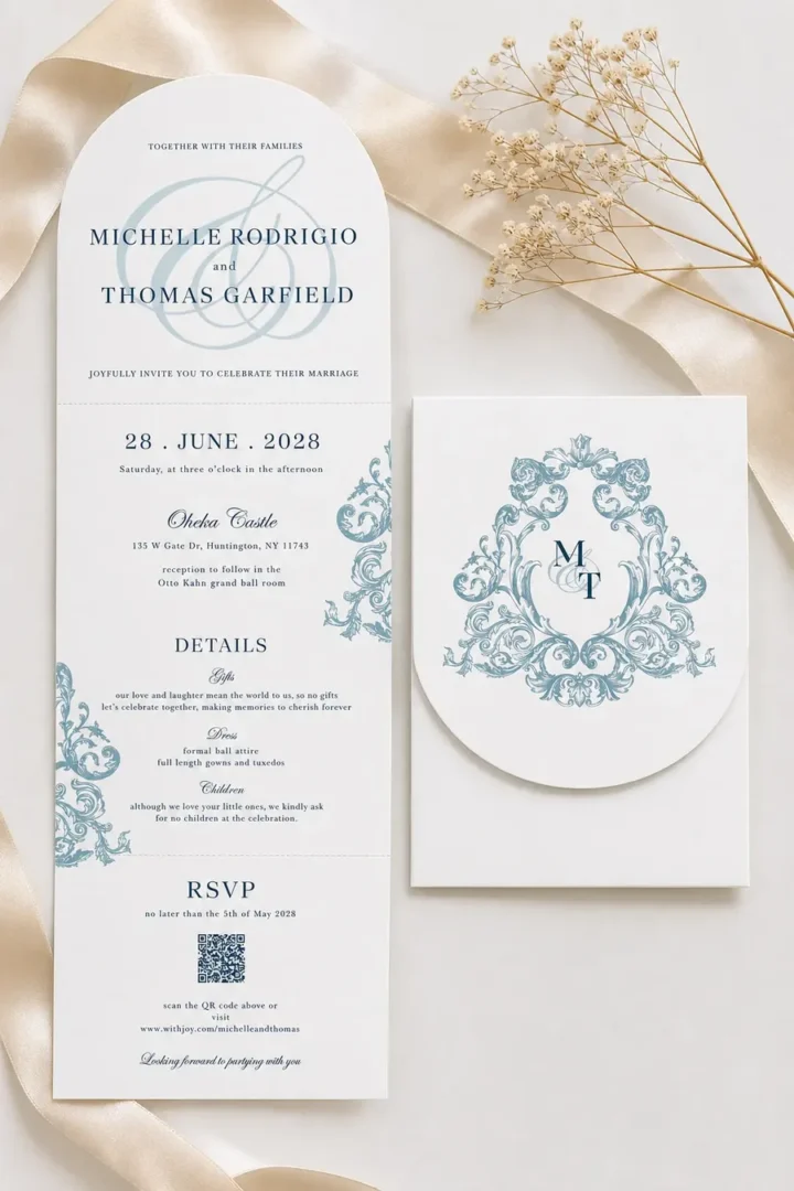 Paperlust July trifold wedding invitation, arch fold with pale blue baroque flourishes, ampersand monogram, details and RSVP panels