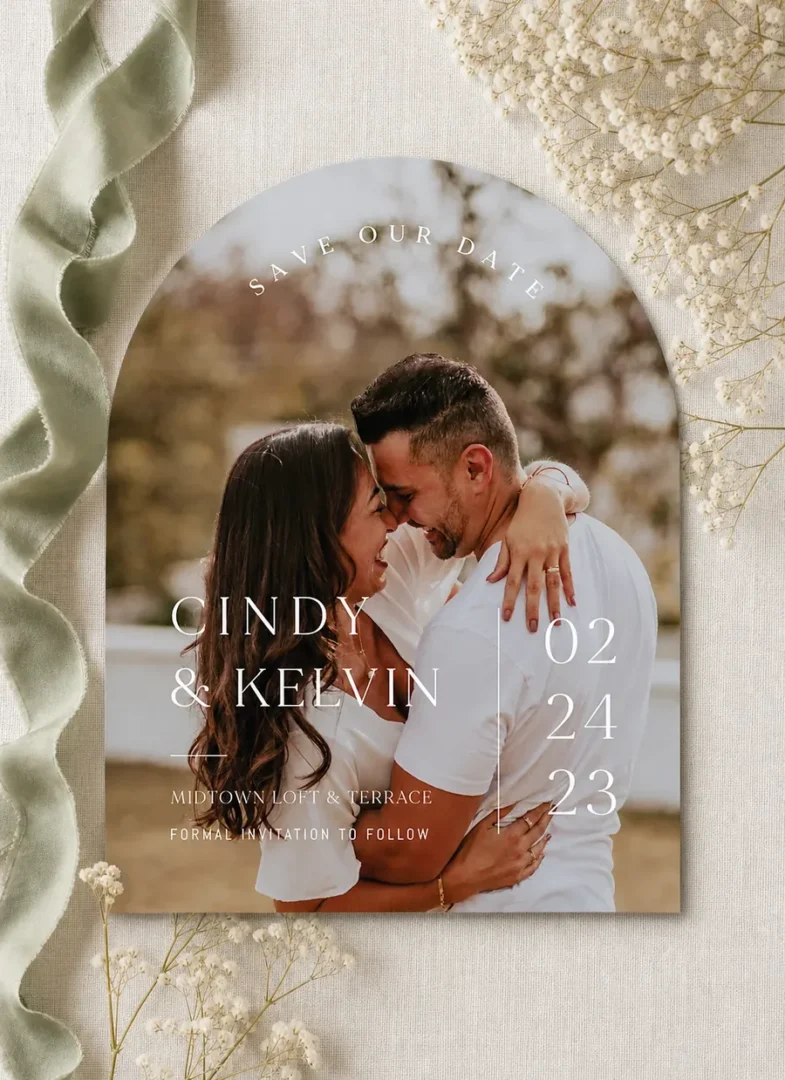 Paperlust Minimalisme photo save the date, arch card with Save Our Date lettering over an engagement photo and a stacked date