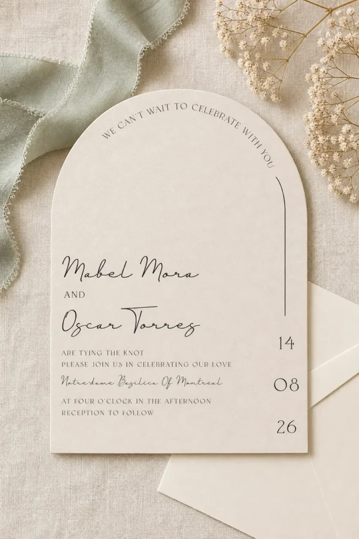 Paperlust Ivory arch die-cut wedding invitation in almond on its envelope, with arched celebrate-with-you lettering and a stacked date