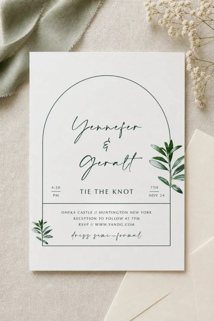 Paperlust Arch Garden wedding invitation, thin green arch frame with olive sprigs, resting on its matching envelope