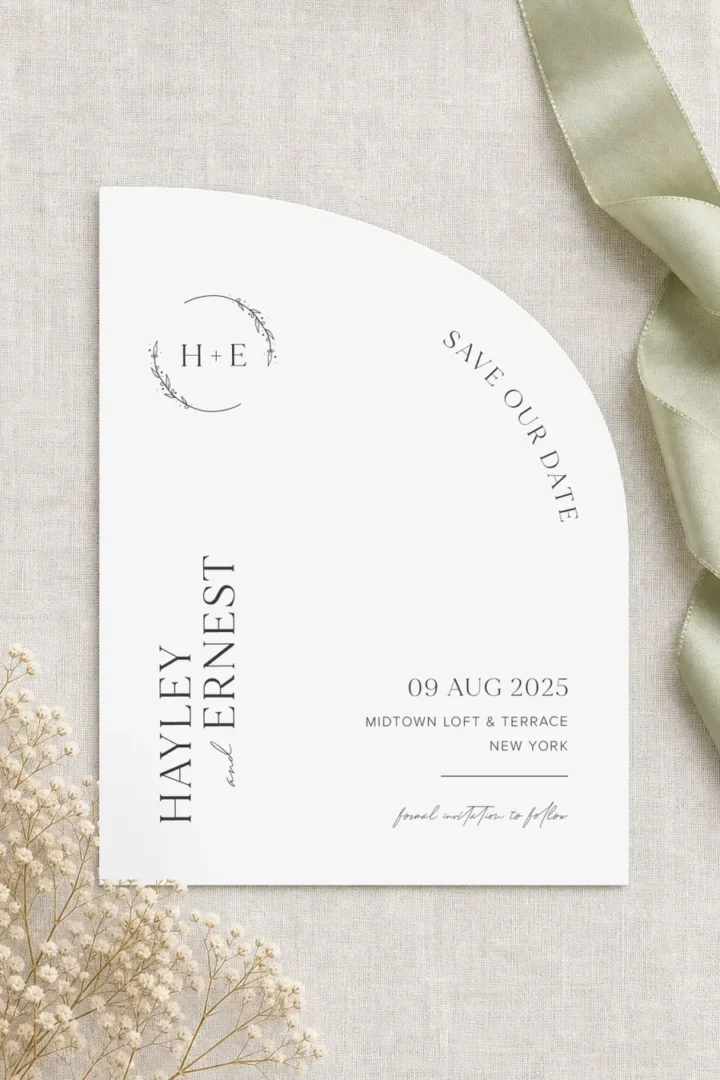 Paperlust XY save the date, half-arch card with a monogram wreath, arched Save Our Date text, date, New York venue line and formal invitation to follow